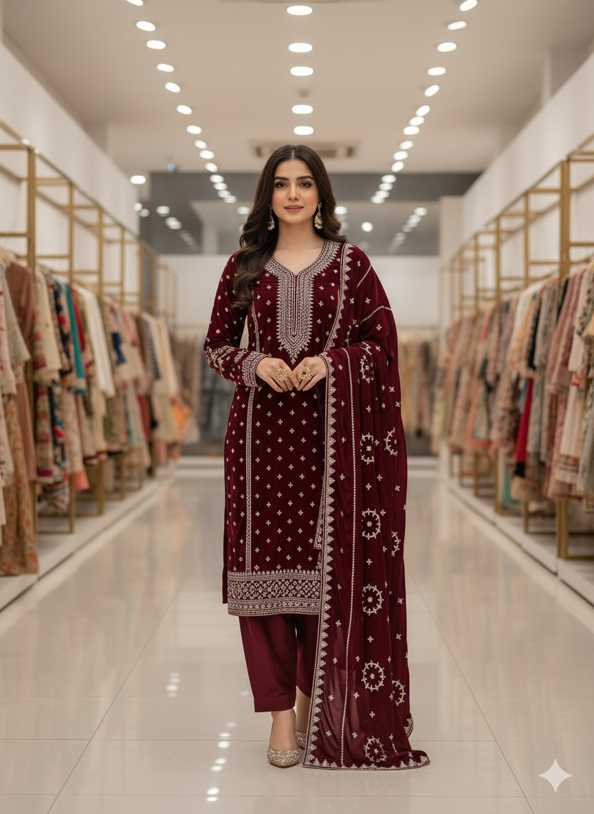 Superior Premium 9000 Micro Velvet Dress Embroidered 3 Piece Unstitched